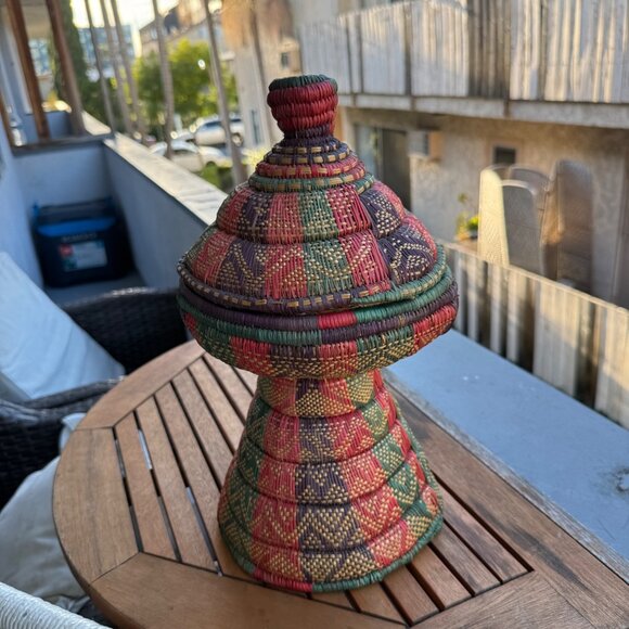 Handwoven African Basket With Lid - Multicolor Red/Green/Purple - Natural Grass - Picture 2 of 7